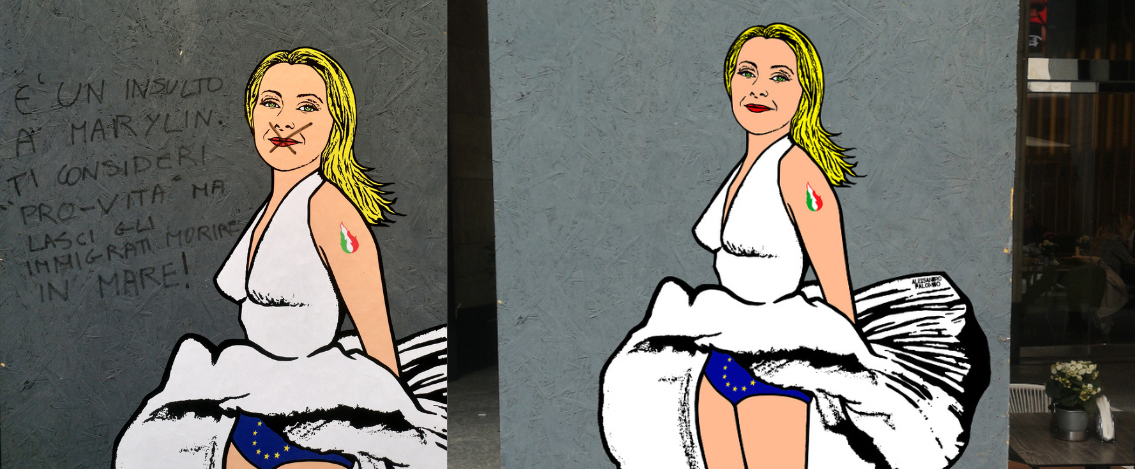 Sfregiato il murales di Giorgia Meloni come Marilyn